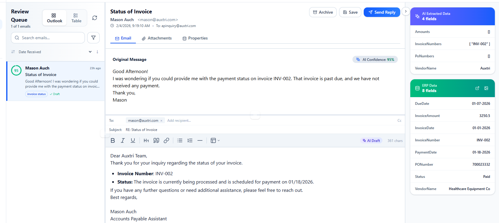 Auxtri review queue showing vendor inquiry automation and response drafting