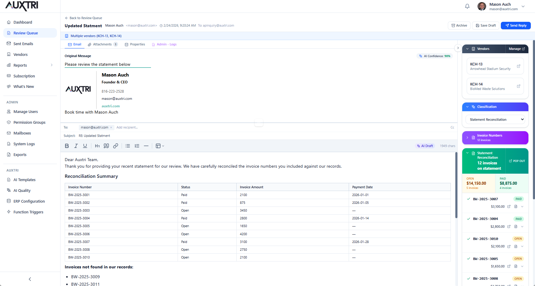 Auxtri statement reconciliation view showing matched invoices, open and paid status, and AI-extracted data