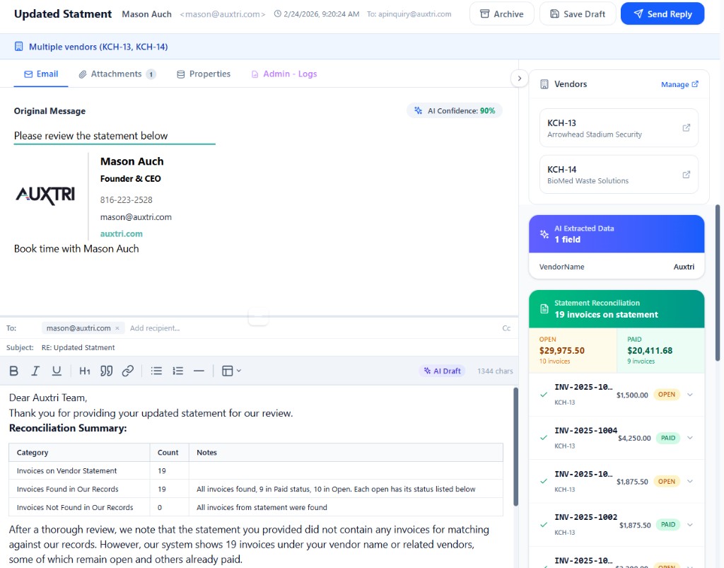 Auxtri statement reconciliation view showing matched invoices, open and paid status, and AI-extracted data
